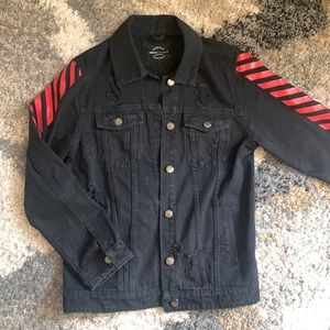American Bazi Black Denim Jean Jacket Red Stripes Oversized Baggy from DollsKill